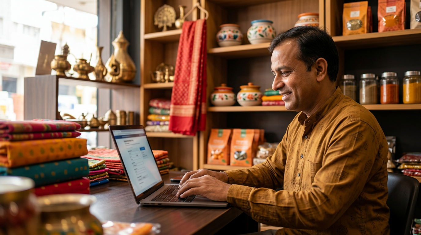 A local Burari shop owner happily typing on a laptop, updating their online business directory listing.