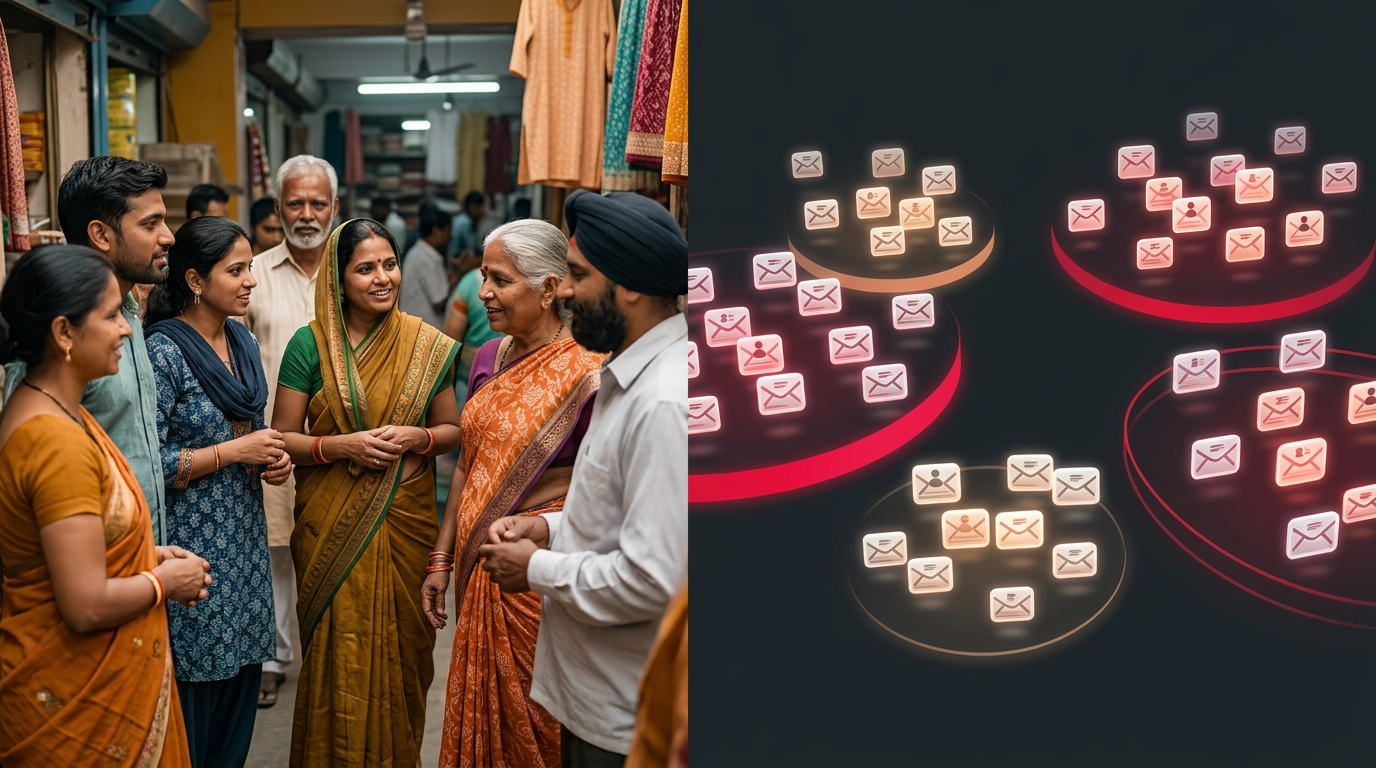 A split-screen graphic showing a diverse group of Burari customers on one side and targeted email icons on the other, representing audience segmentation.