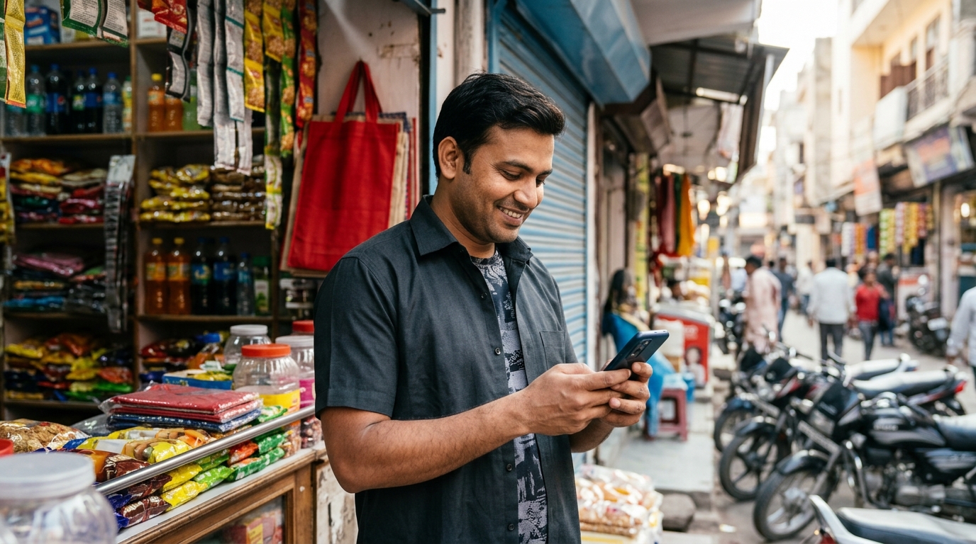 A local business owner smiling while checking their smartphone in front of a bustling Delhi shop.