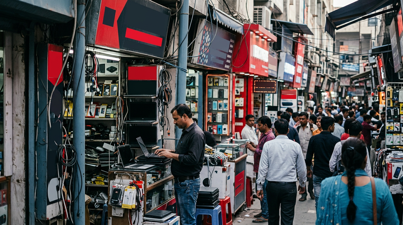 A bustling street view of Nehru Place market in Delhi where you can buy used electronics safely.