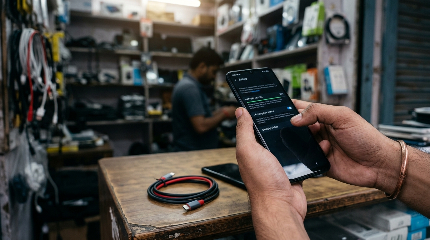 A close-up of a person's hands testing a used smartphone screen to buy used electronics safely.