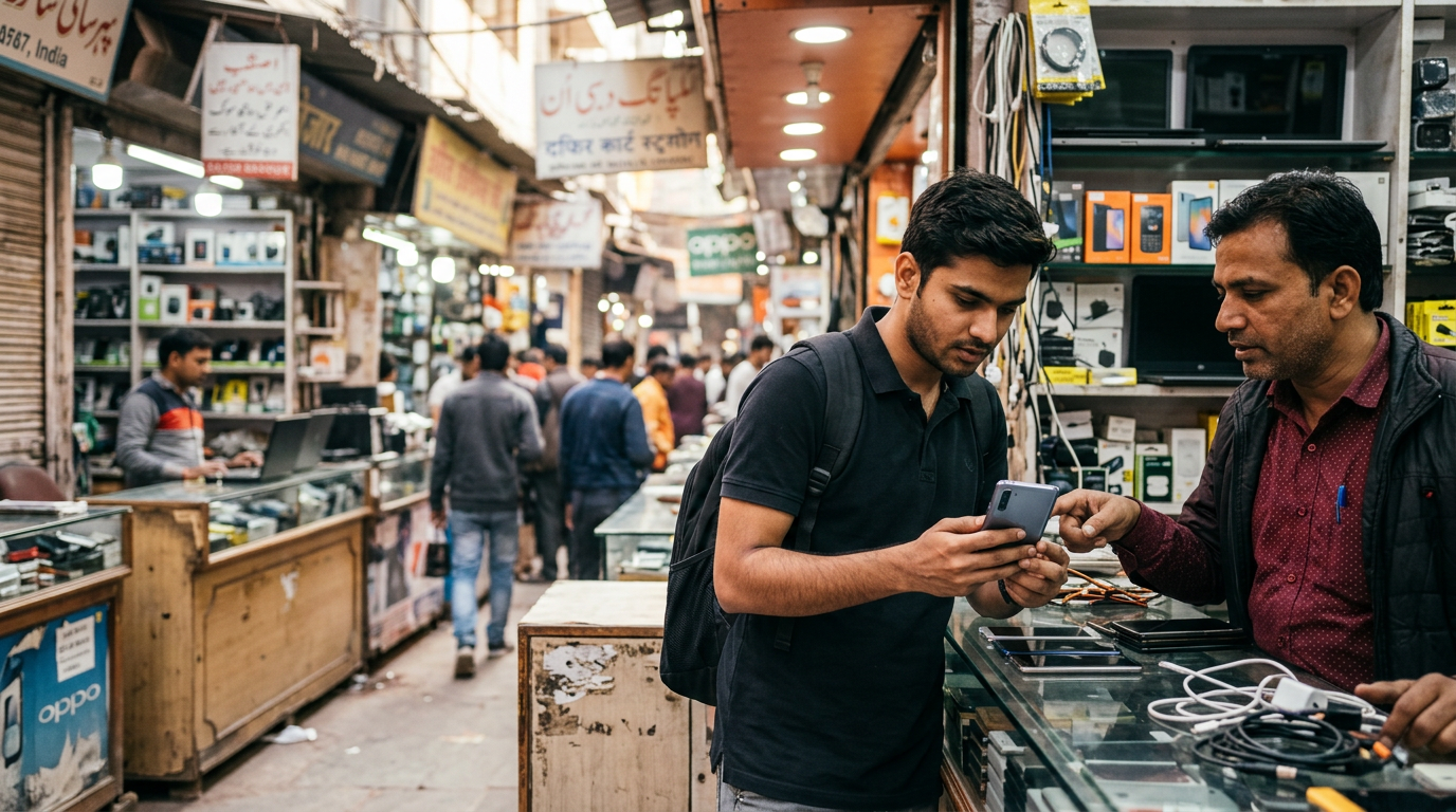 A vibrant infographic showing a 35 percent growth chart to buy used electronics safely in Delhi.
