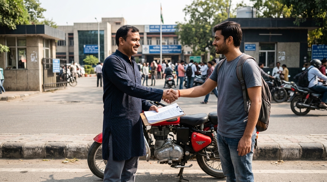 A friendly local resident completing a delhi rto rc transfer for a used scooter.