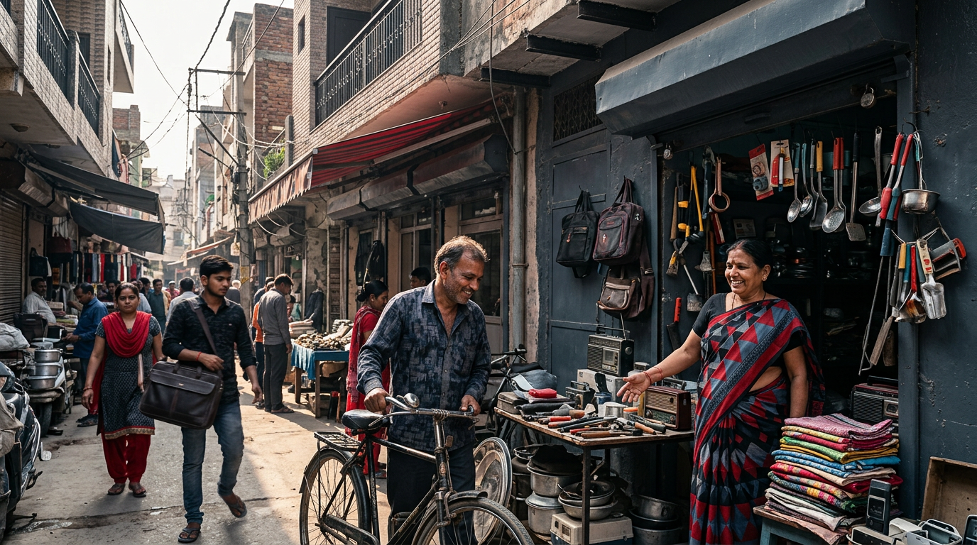 A bustling local street in Burari, Delhi, showing small businesses and residents interacting on a sunny afternoon.