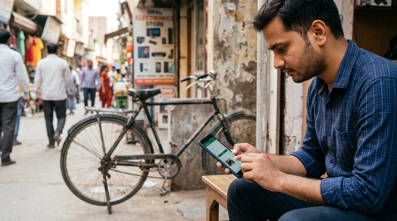 A close-up of a person typing an online classified ad on their smartphone, with a second-hand bicycle visible in the background.