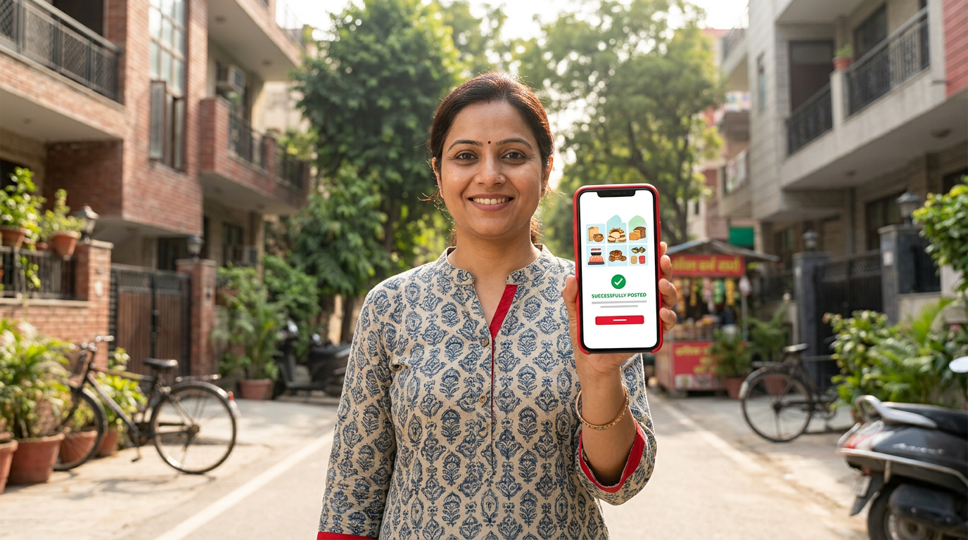 A smiling local Delhi home business owner proudly holding up a smartphone showing a successfully posted classified ad on a bright, sunny morning.