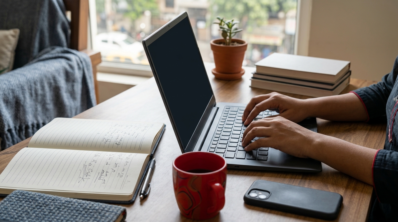 A close-up of a person typing on a laptop keyboard, with a notebook beside them showing a handwritten draft of a 50-word classified ad.