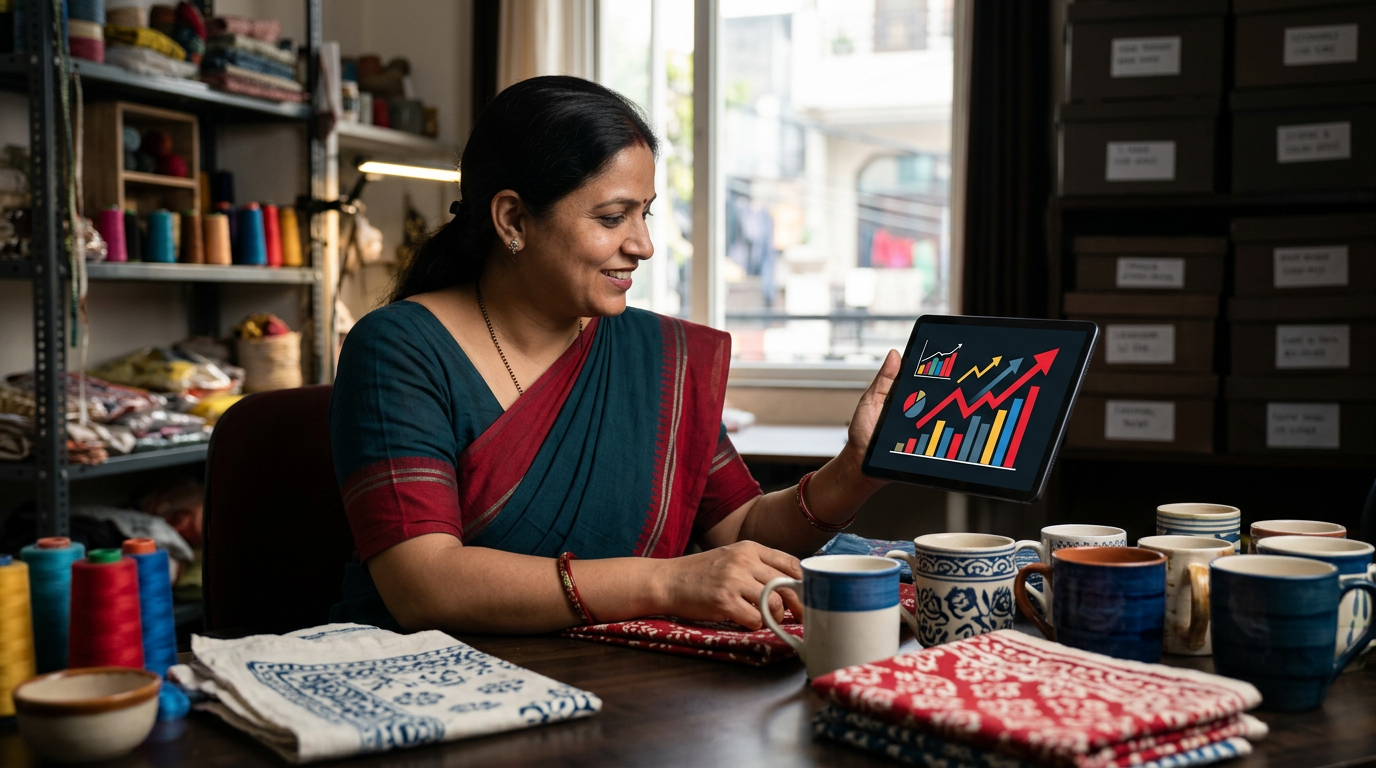 A vibrant, easy-to-read infographic displayed on a tablet screen, highlighting a 40 percent increase in local business leads through online classified ads in Delhi.