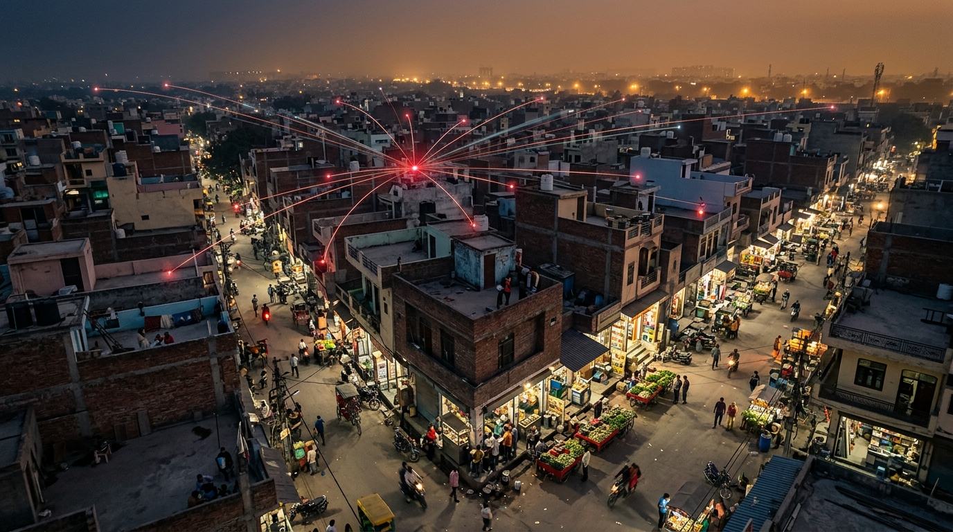 A map of Delhi NCR with a glowing pin specifically highlighting the Burari neighborhood, showing digital connections spreading outward from a local burari business directory.
