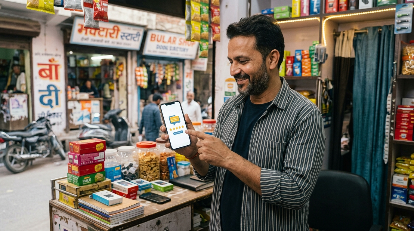A cheerful local shop owner in Delhi looking at a smartphone screen showing a 5-star customer review rating on a burari business directory app.