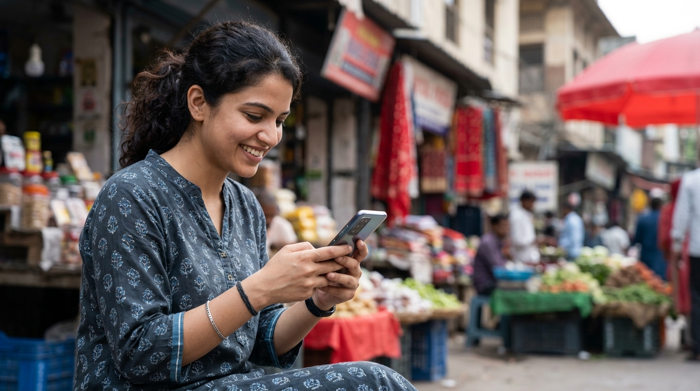 A young Delhi resident typing on a smartphone to optimize olx ads in a local market.