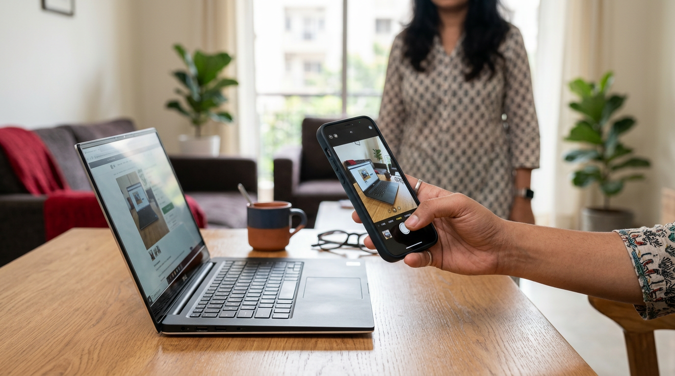 A close-up of a person taking a photo of a laptop to optimize olx ads.