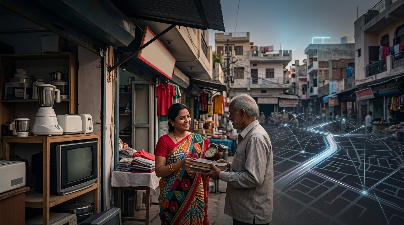 A vibrant graphic showing a map of Delhi with digital connection lines, symbolizing the fast-paced local online marketplace.