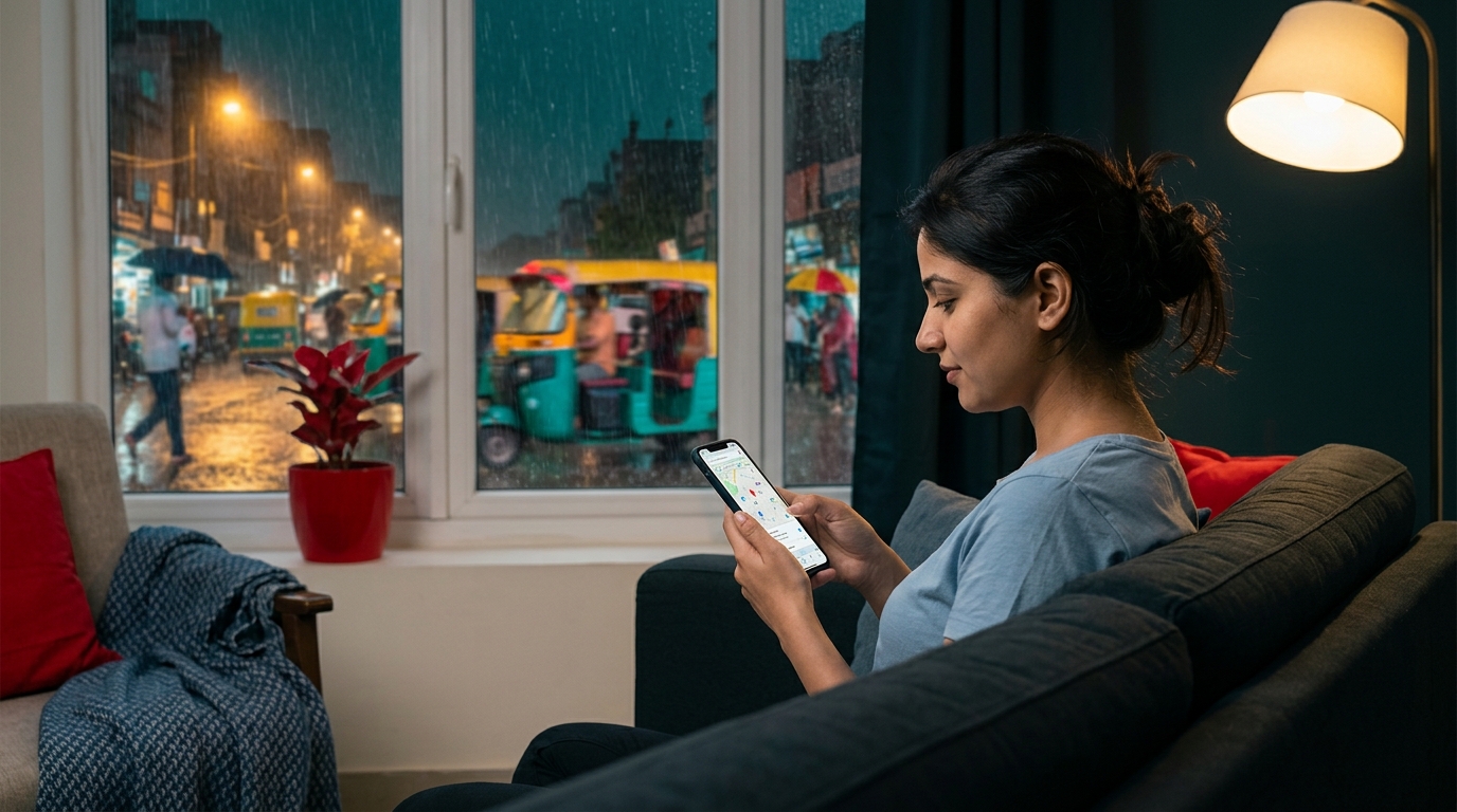 A cozy Delhi living room during a heavy monsoon rain, with a local resident comfortably searching for nearby food delivery on their smartphone.