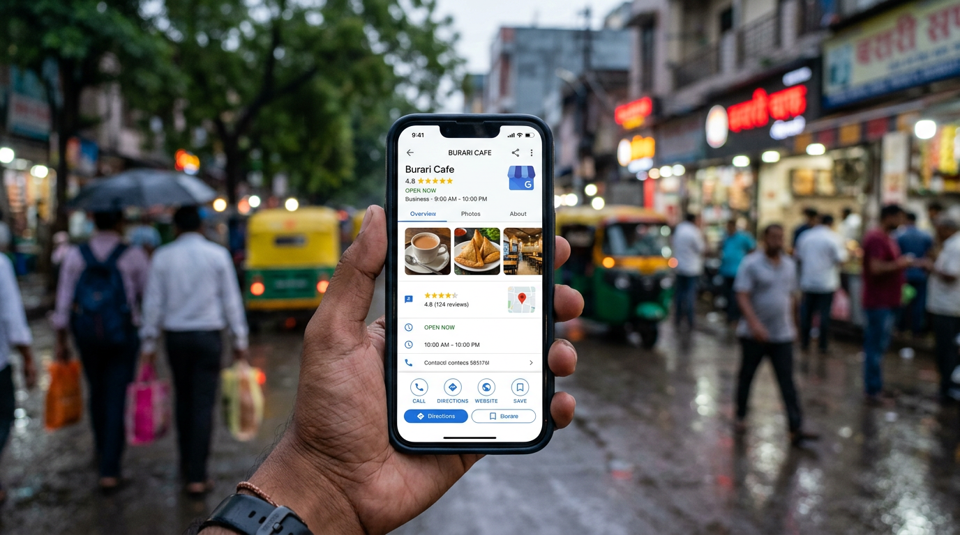 A close-up of a smartphone screen displaying a fully optimized Google Business Profile for a local Burari cafe, highlighting positive reviews and business hours.