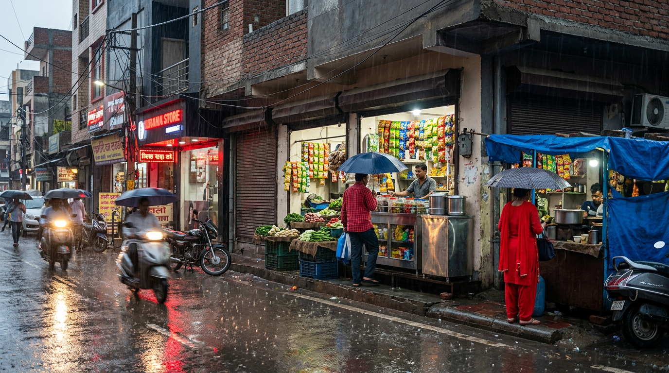 An infographic styled illustration showing a step-by-step customer journey from a rainy Burari street search to a successful local business transaction.