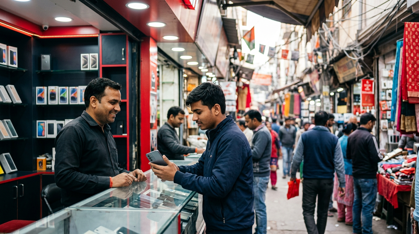 A bustling street scene in Gaffar Market for those looking to buy used phones in delhi safely.