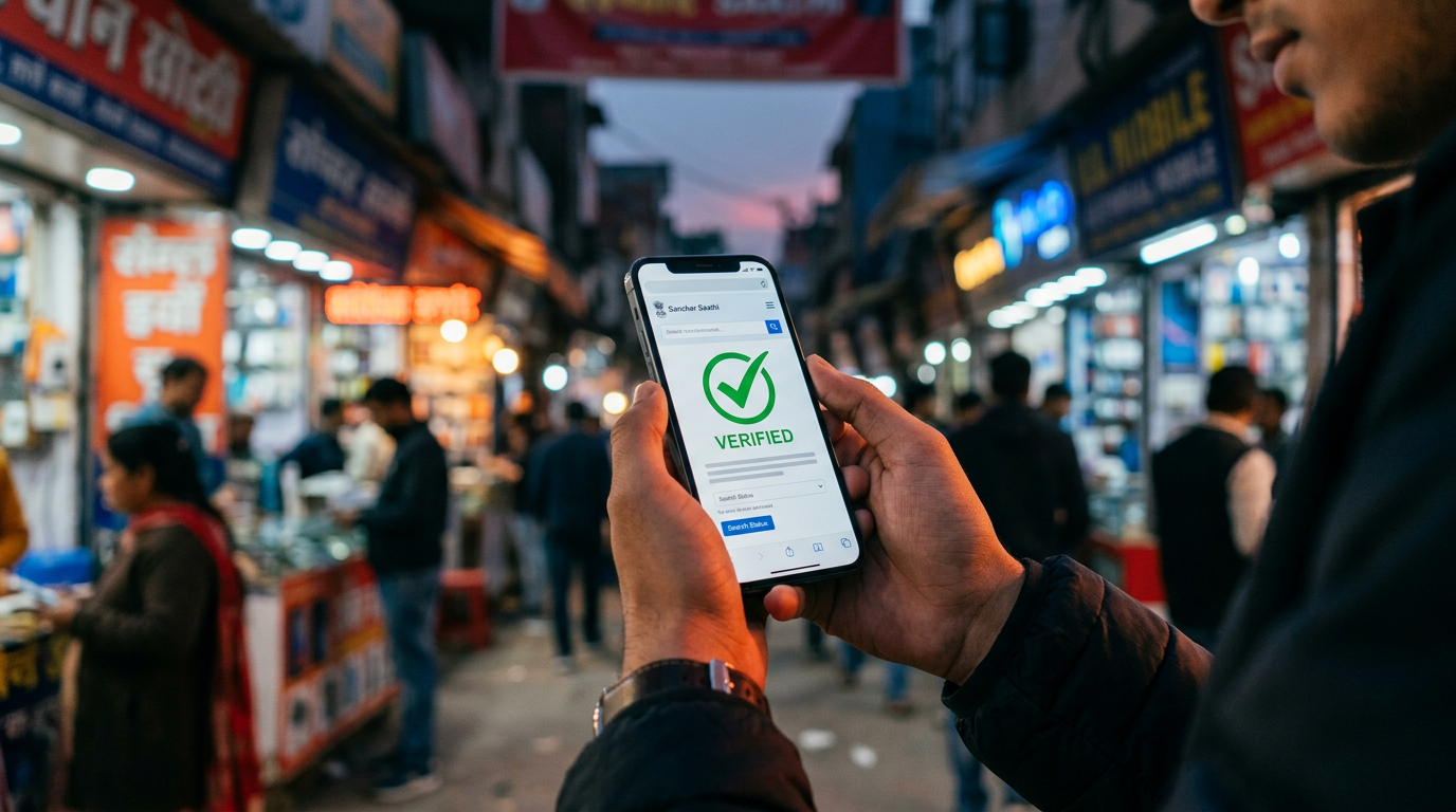 A close-up of a person holding a smartphone to buy used phones in delhi using the Sanchar Saathi portal.