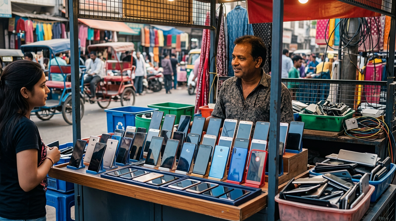 An infographic showing statistics about the used smartphone market in Delhi, including the percentage of unused phones and the rise in electronic waste recycling.