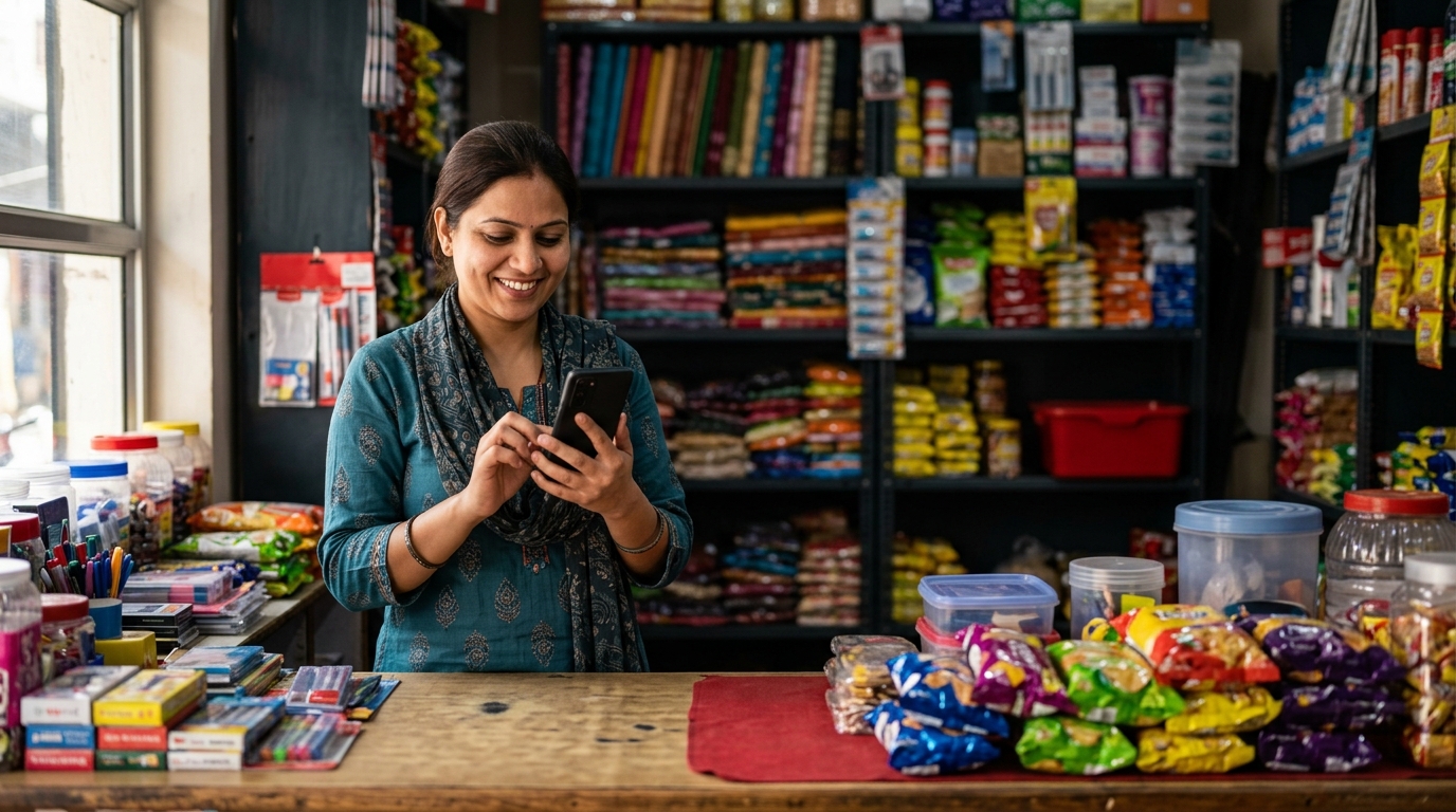 A local Burari shop owner happily checking their smartphone while standing behind a counter with colorful merchandise.