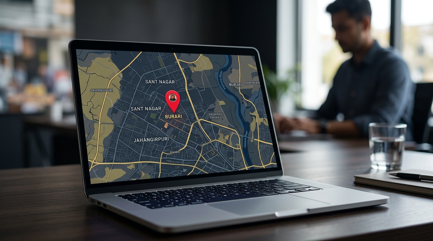 A close-up of a laptop screen showing a local Delhi map with a bright red pin dropping on the Burari neighborhood.