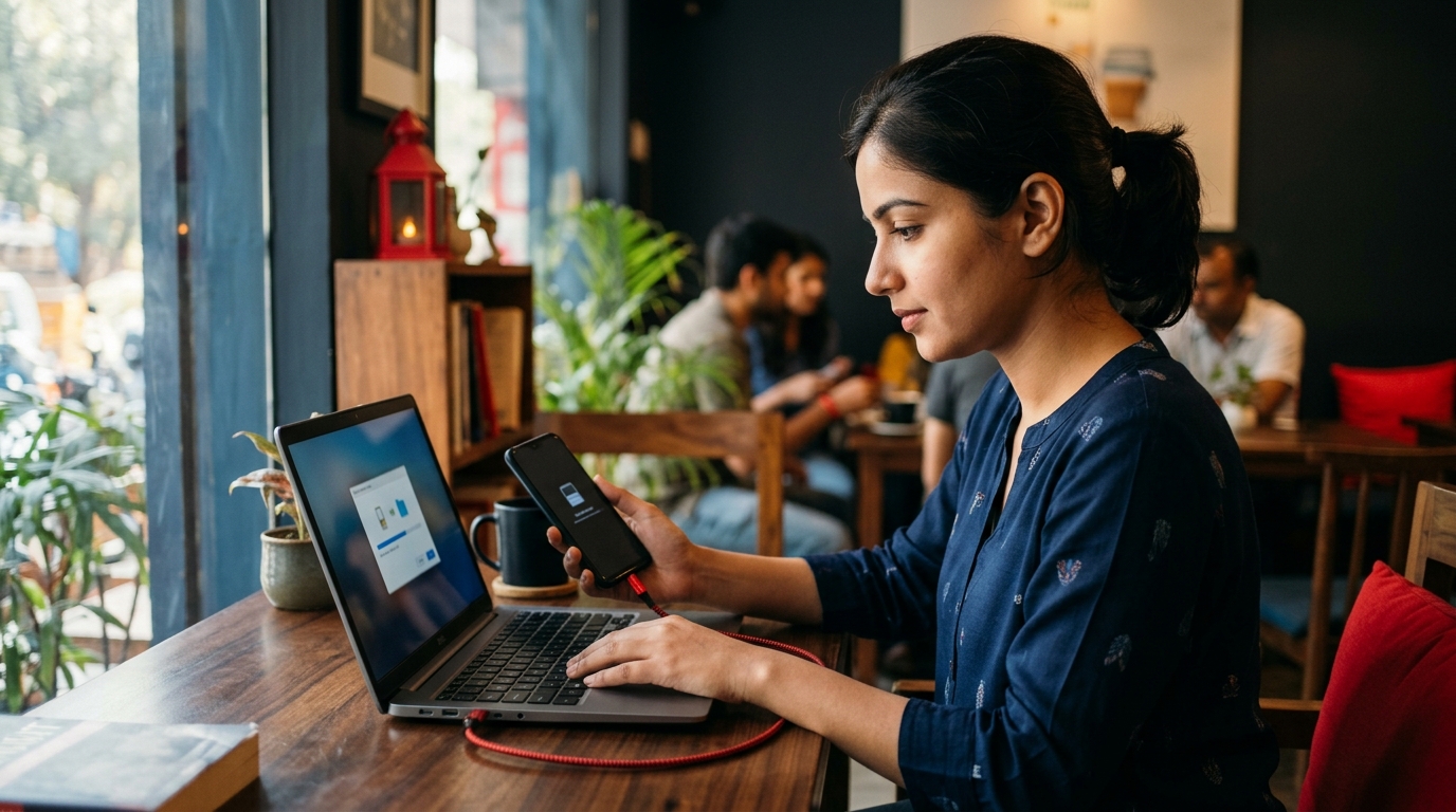 A person carefully backing up data from a smartphone to get cash for electronics in a cozy Delhi cafe