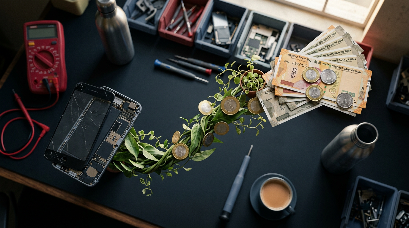 A vibrant infographic showing a smartphone transforming into green leaves and cash coins, symbolizing e-waste recycling and cash for electronics