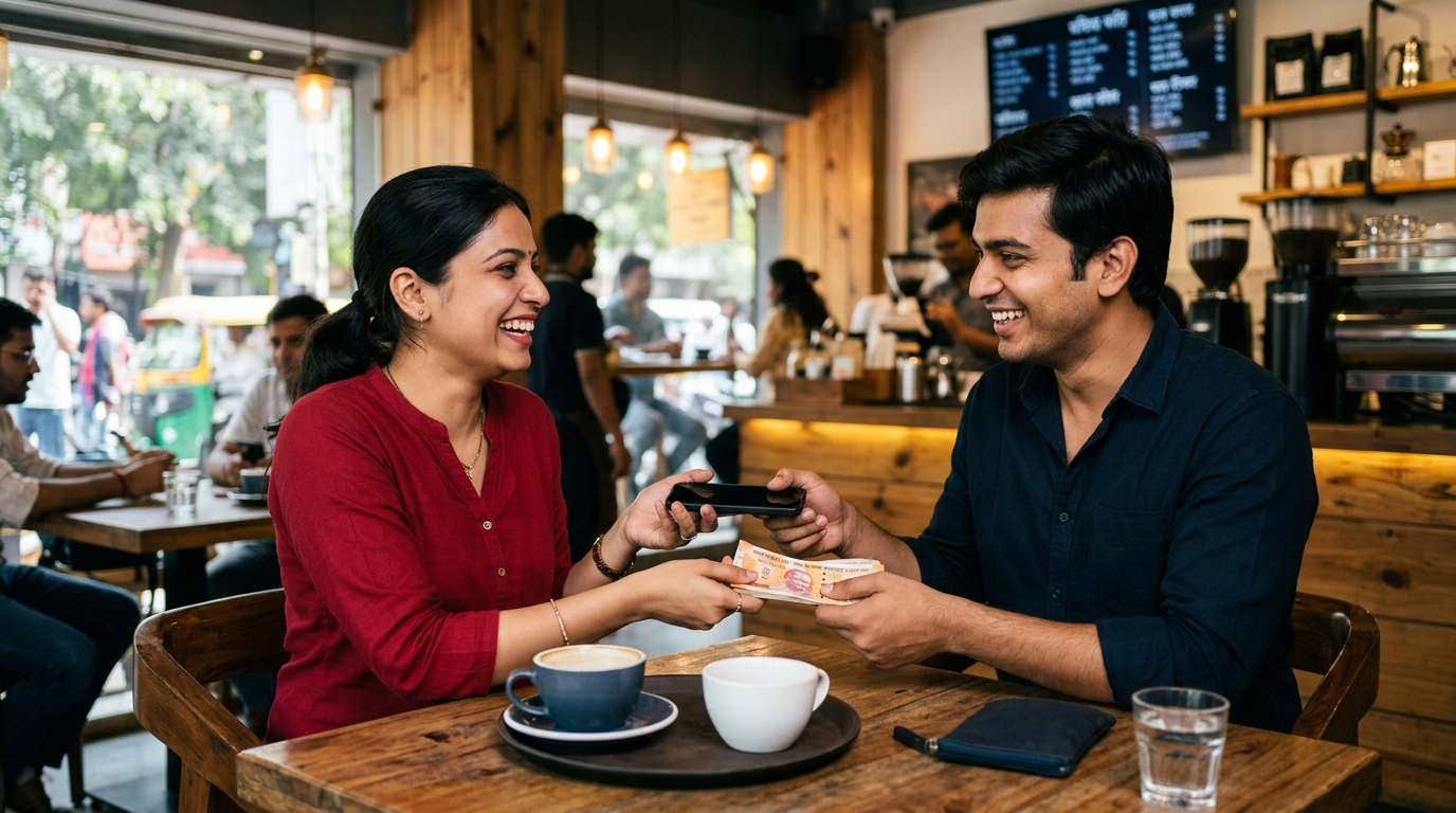 Two people happily exchanging a smartphone for cash at a brightly lit, busy coffee shop in Delhi