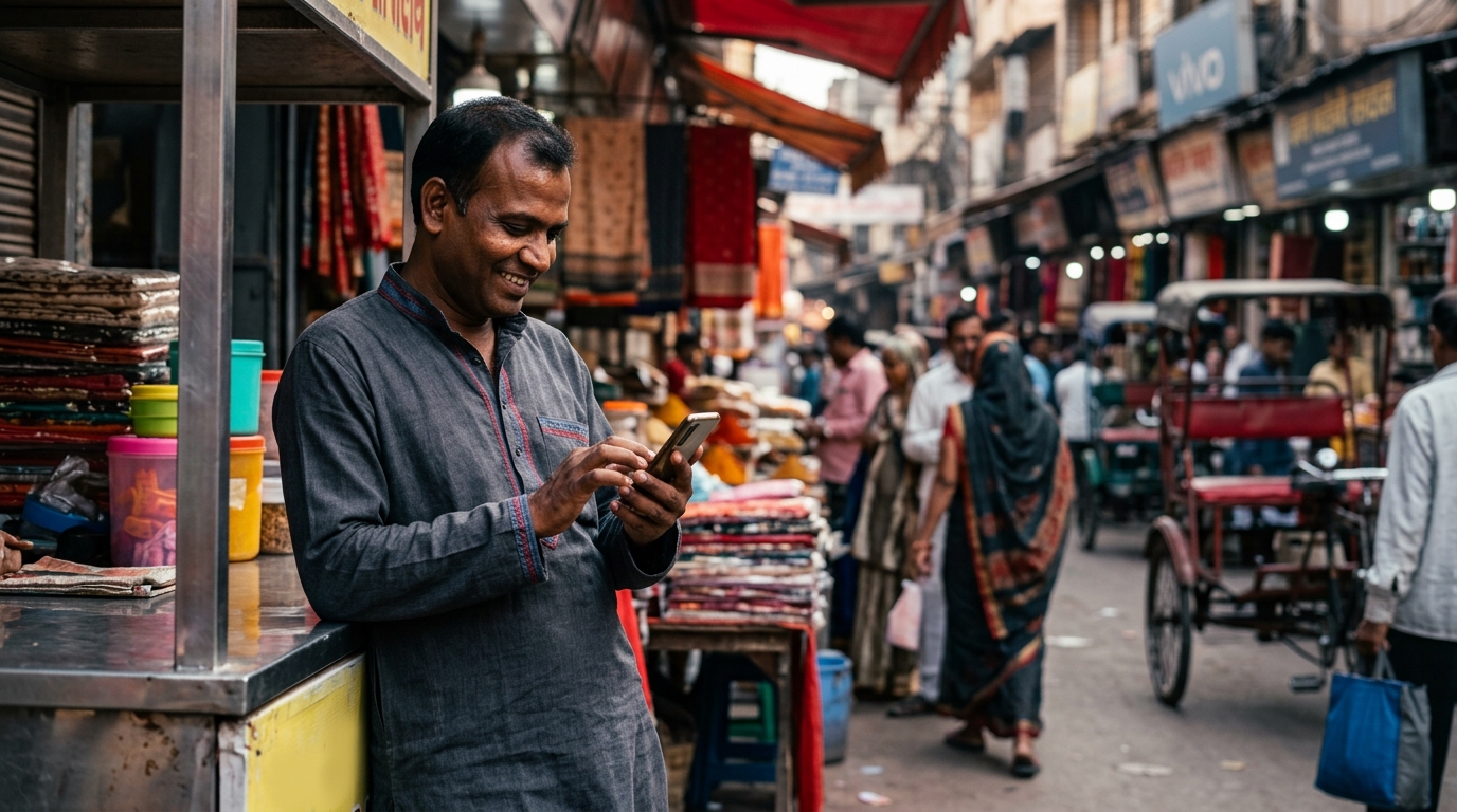 A local seller managing Delhi classified ads on a smartphone in a busy market