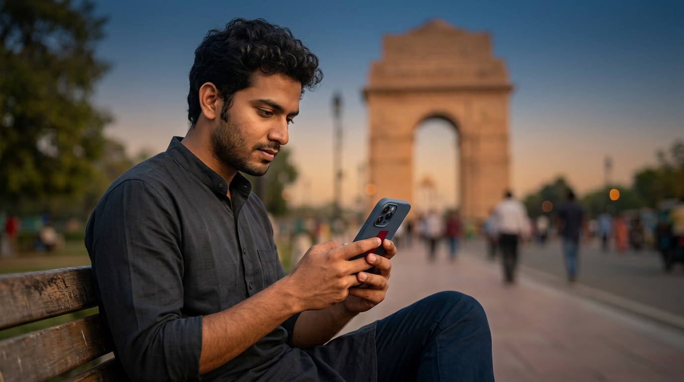 A person looking at a smartphone screen showing a verified user badge on a classified ads app, with Delhi's India Gate softly blurred in the background.