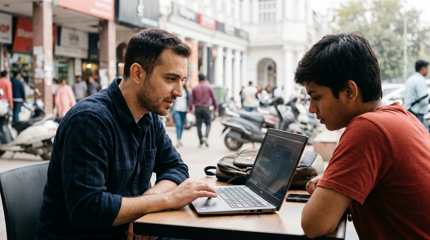 Two people sitting at a coffee shop table in Delhi, closely inspecting a used laptop and checking its screen and keyboard.
