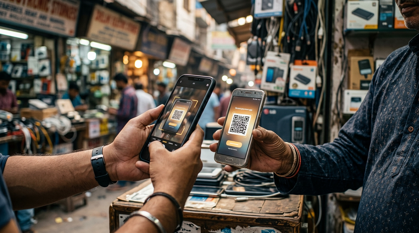 A close-up of two smartphones scanning a QR code for a digital payment transfer, symbolizing a secure transaction between a buyer and seller.
