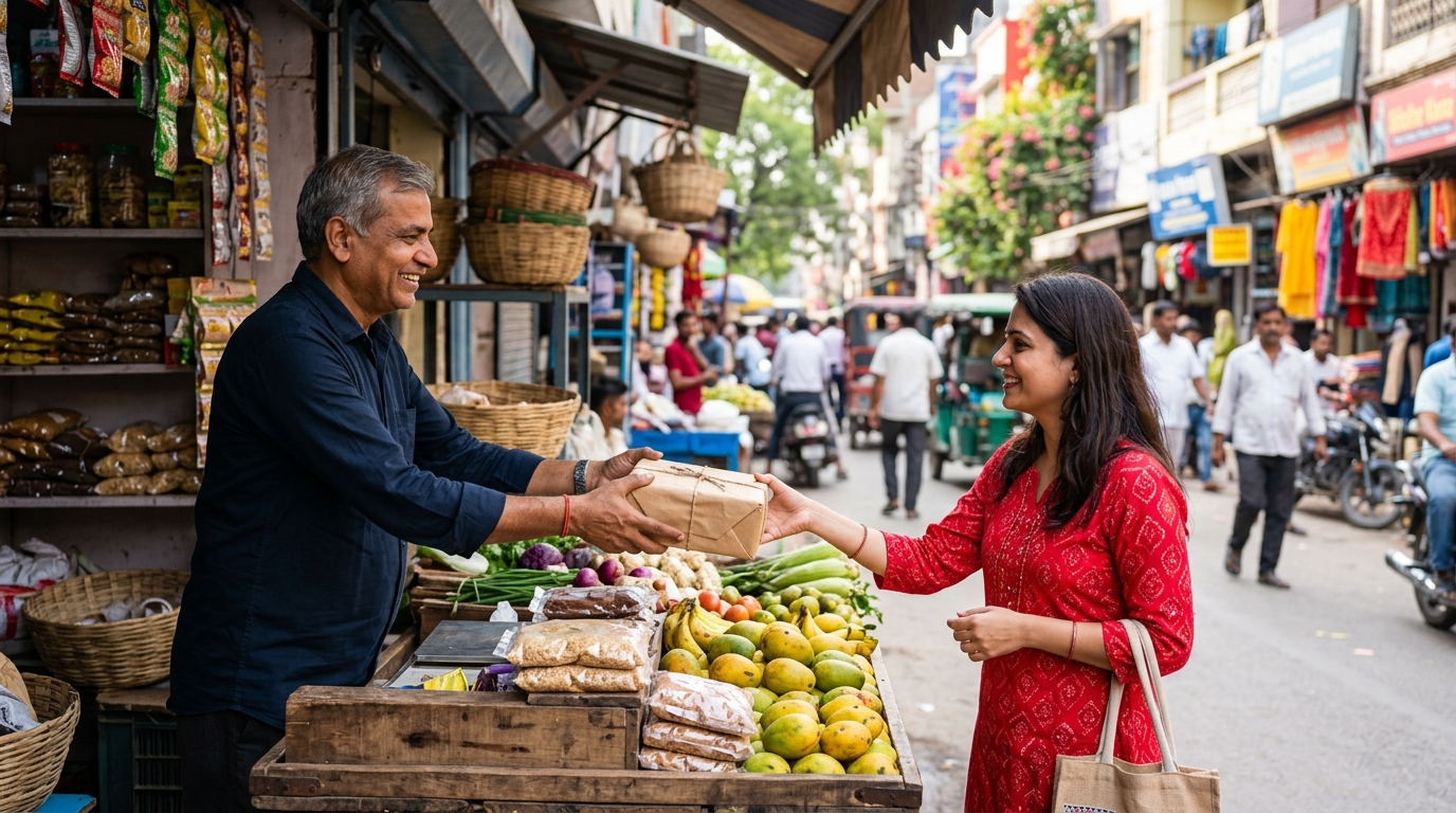A friendly local Delhi shop owner handing over a package, showcasing successful transactions via burari classified ads.