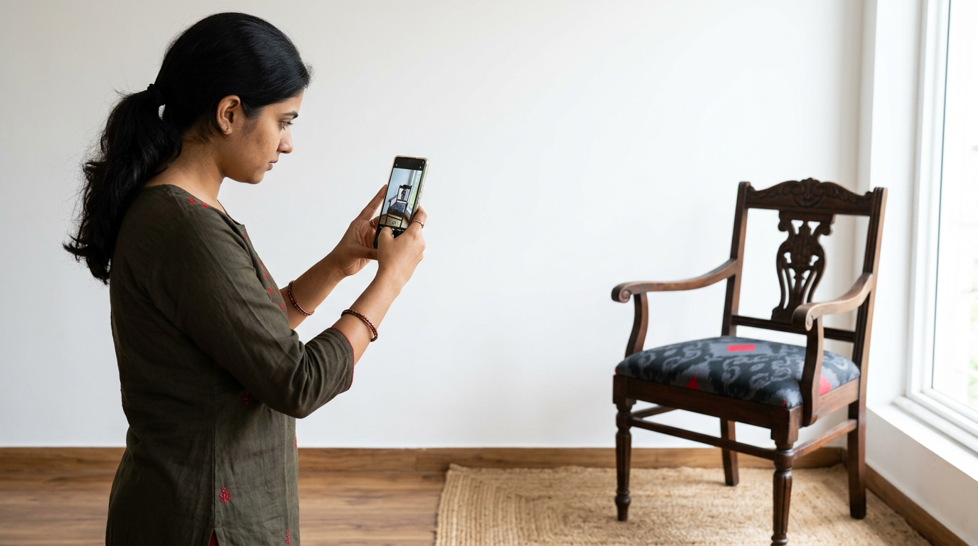 A person using a smartphone to photograph a chair for burari classified ads.