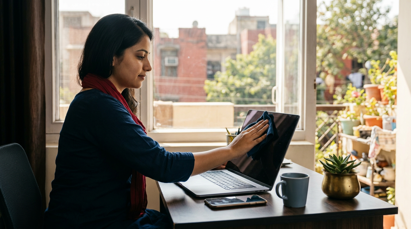 A person preparing to sell used laptop by wiping the screen in a Delhi apartment.