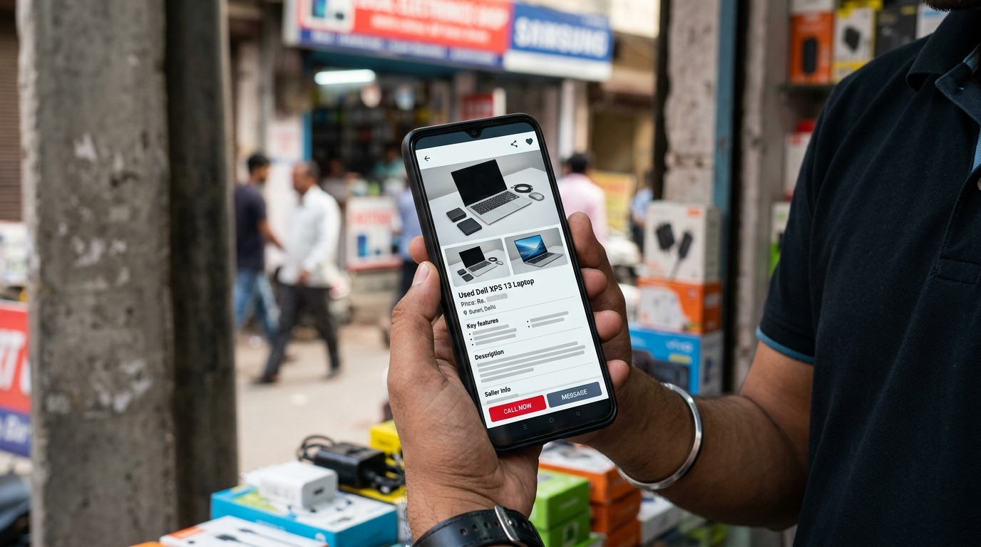 A smartphone showing a Burari classified ad to sell used laptop.