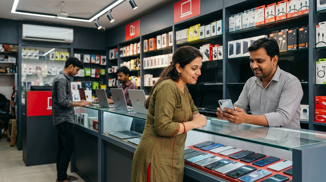 A bustling local shop offering used electronics in burari with customers looking at refurbished smartphones.