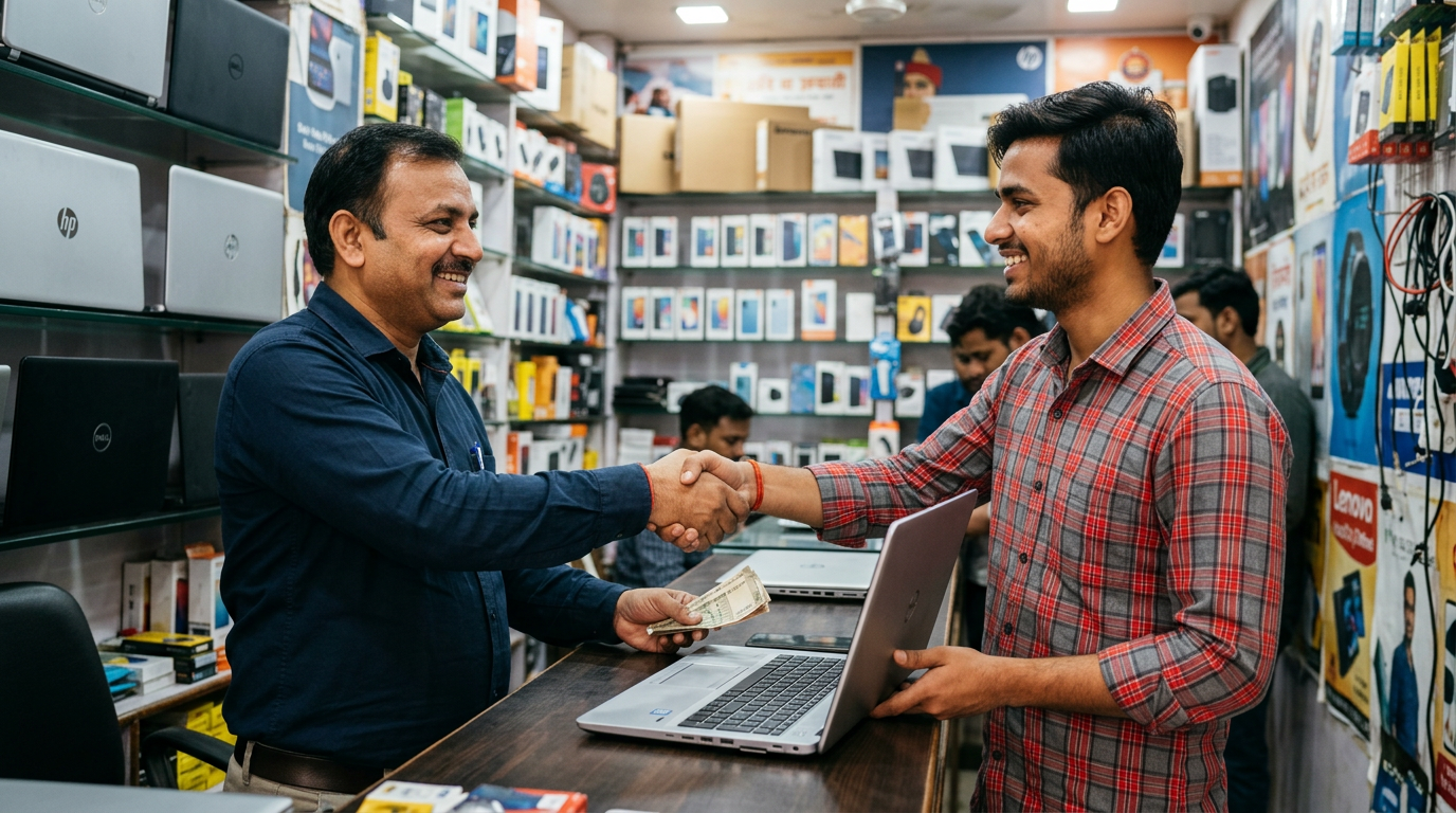 A smiling local business owner trading used electronics in burari for cash.