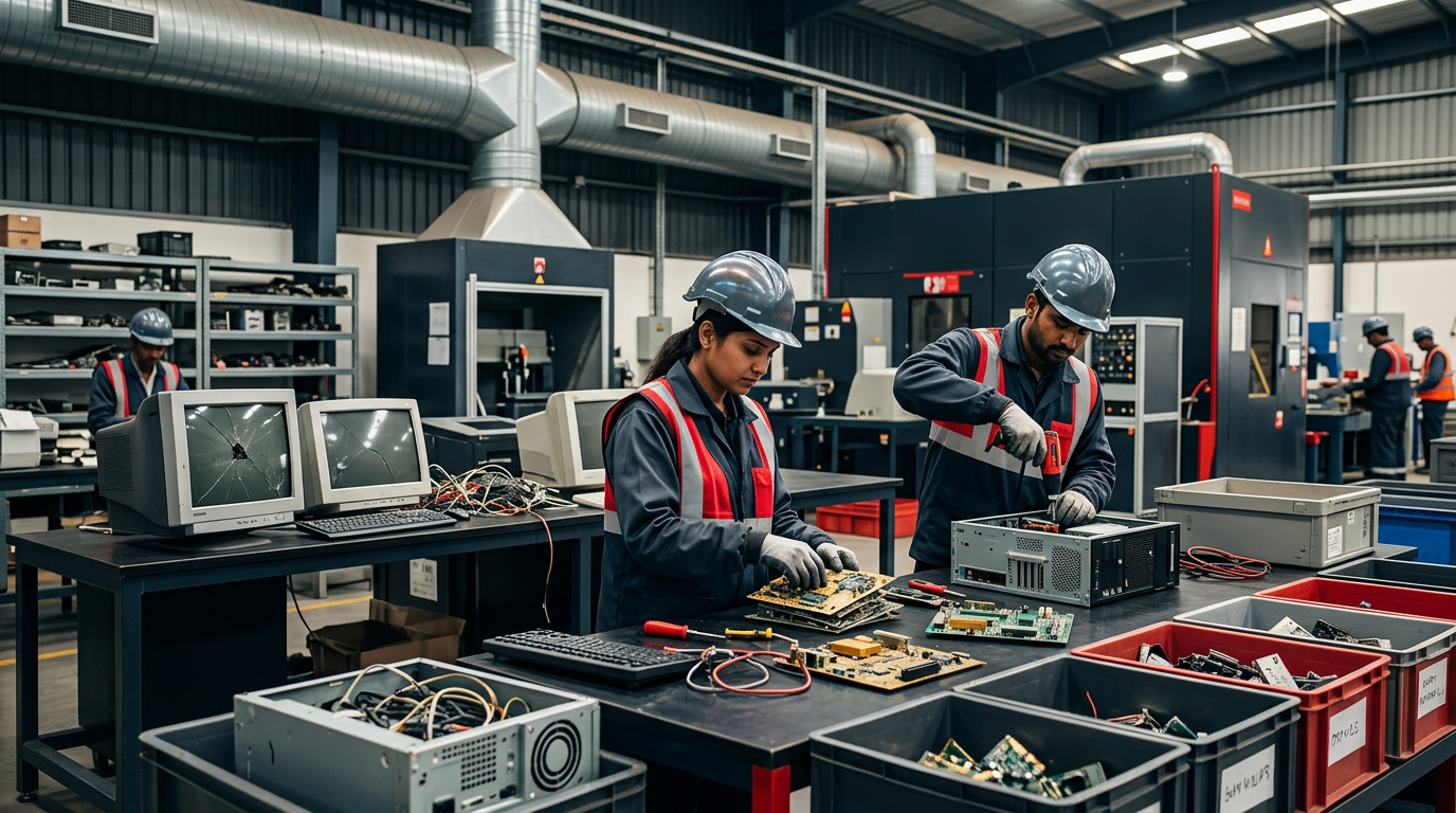 A modern, clean e-waste recycling facility in Delhi showing workers in safety gear sorting circuit boards and old computer monitors.