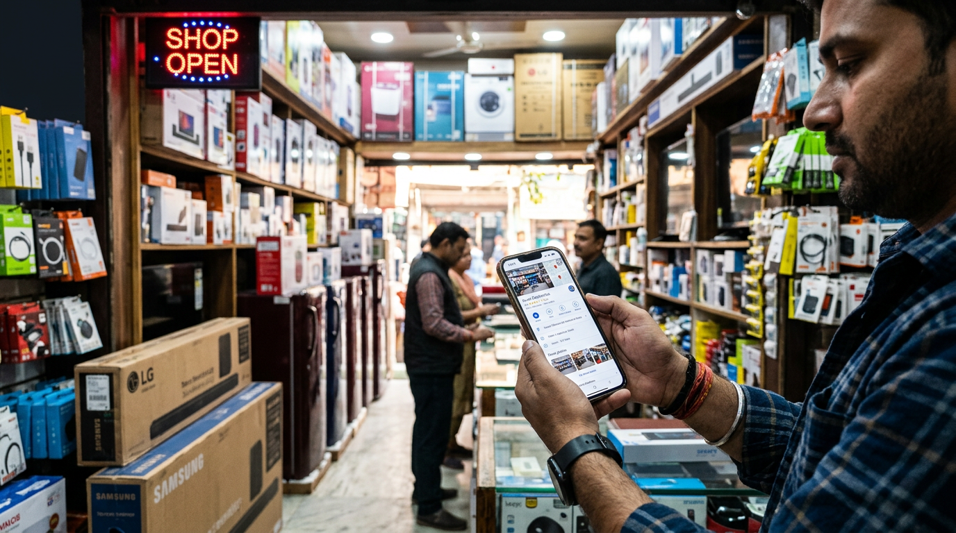 A smartphone screen displaying a well-optimized Google Business Profile for burari local shops, showing high ratings and clear store hours.