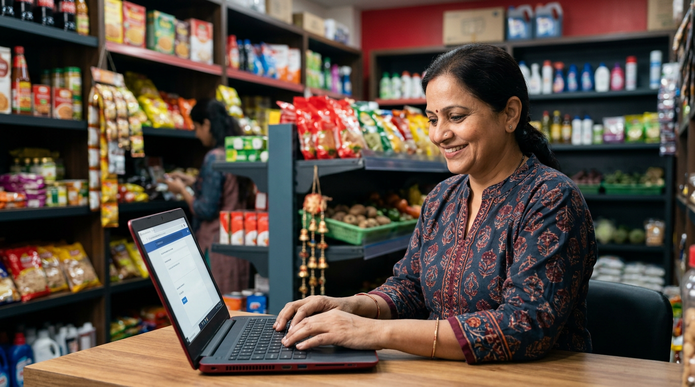 A friendly owner of burari local shops smiling while typing a reply to a positive customer review on a laptop inside their colorful retail store.