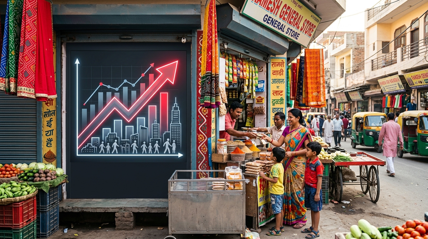 A bright, modern infographic chart showing an upward trending arrow representing the 6.3 percent increase in retail foot traffic.