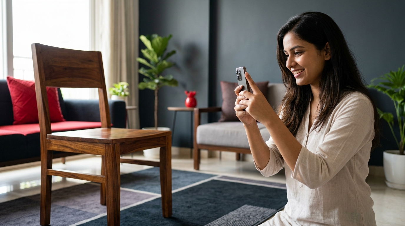 A person smiling while using a smartphone to take a photo of a wooden chair to sell used furniture delhi.