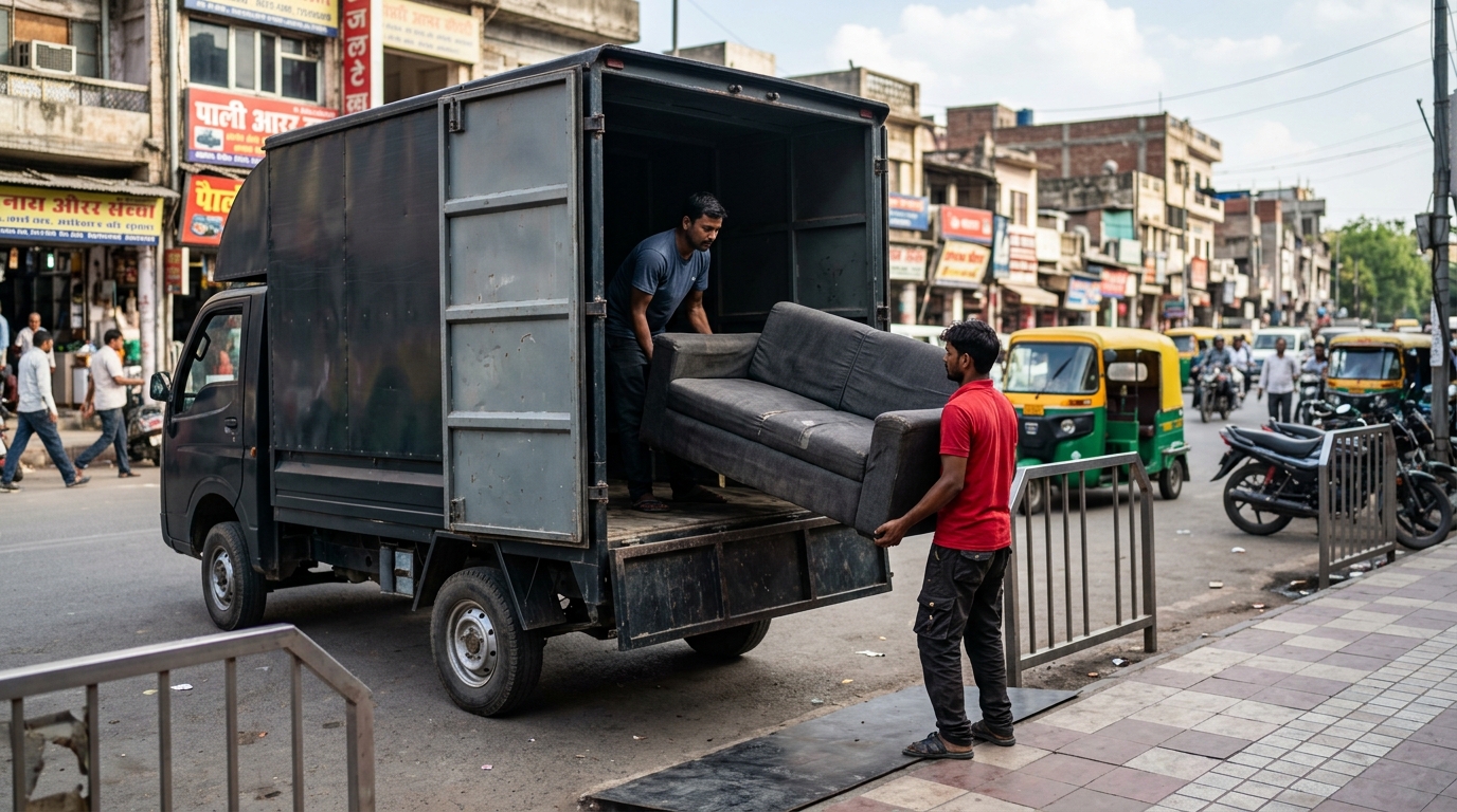 A delivery truck parked on a busy street to sell used furniture delhi.