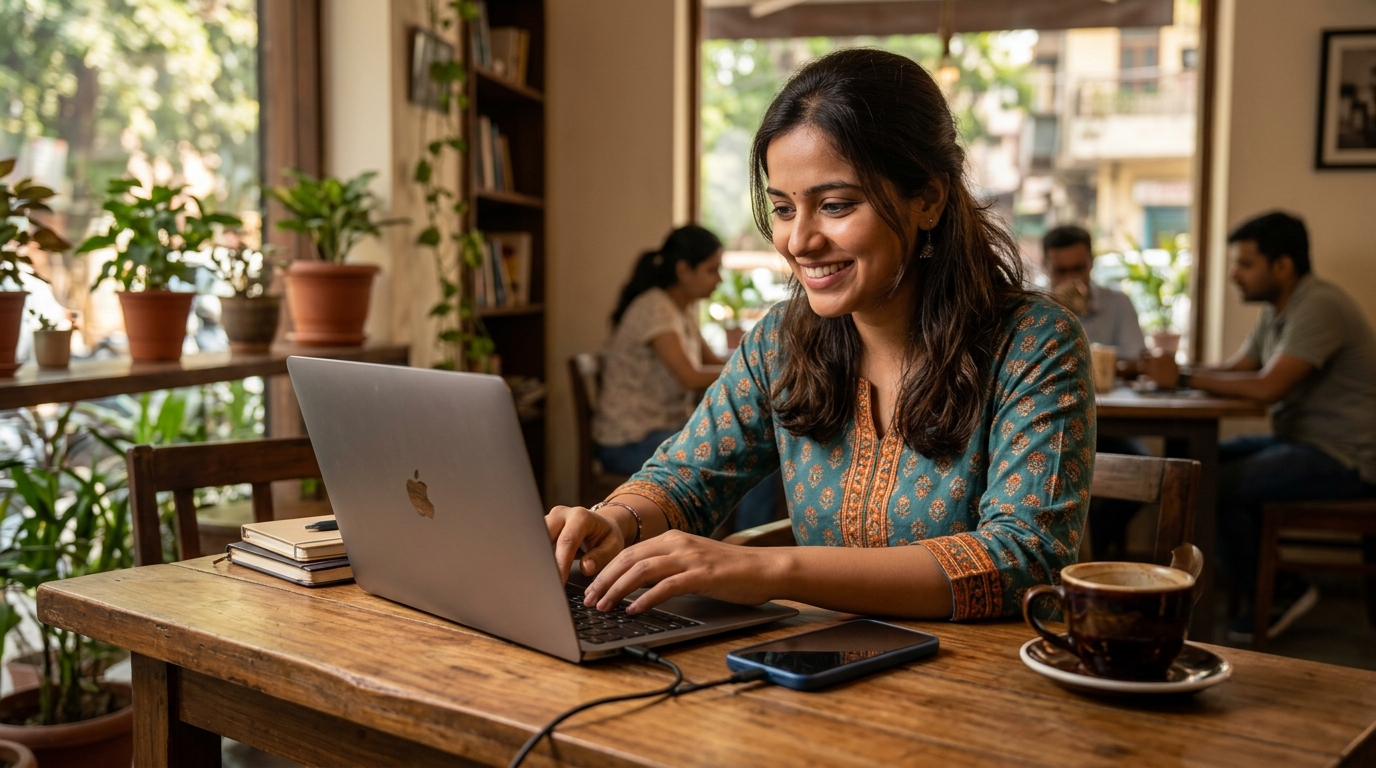 A person sitting in a cozy Delhi cafe, smiling while backing up data to safely sell smartphone devices.