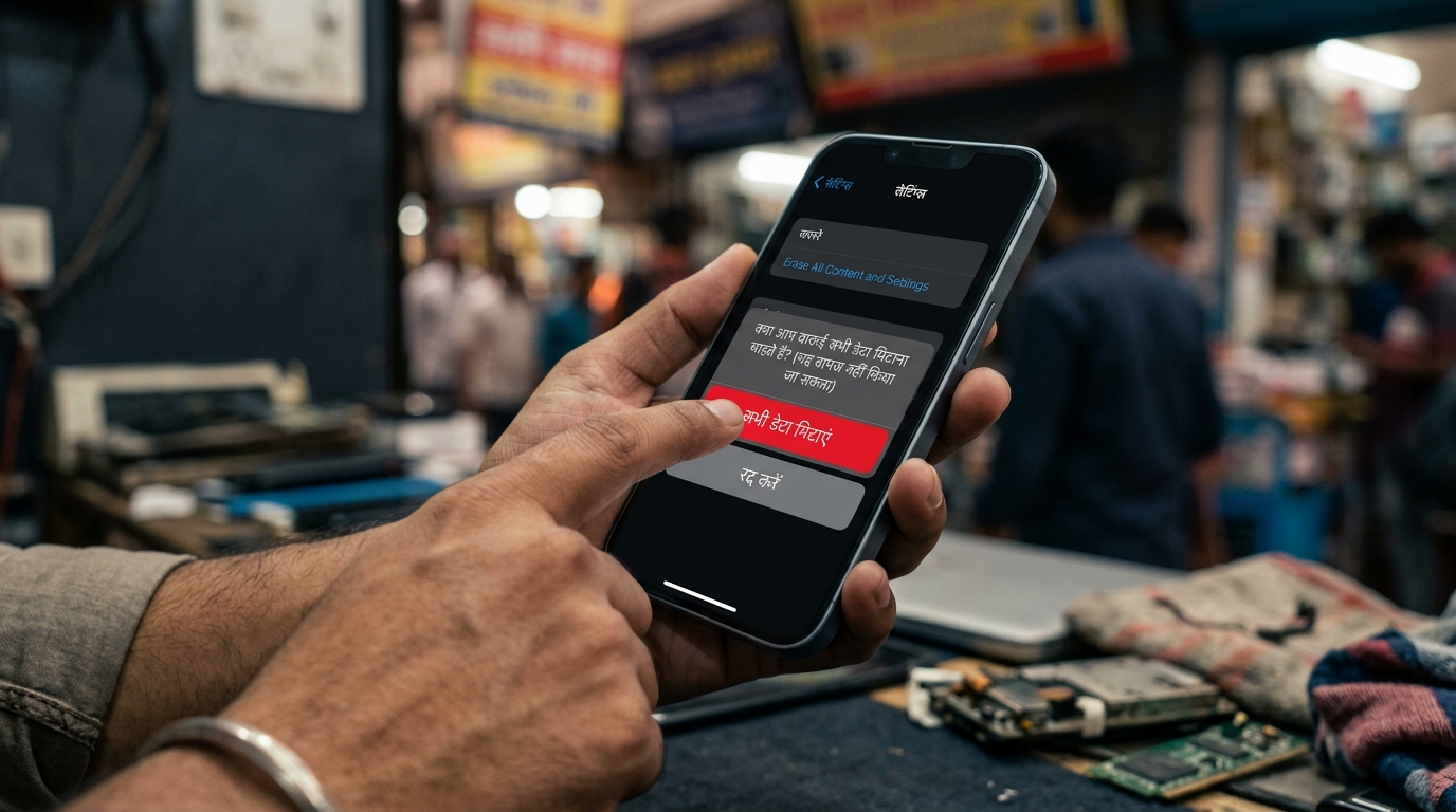 A close-up of a screen showing the factory reset button to safely sell smartphone hardware.