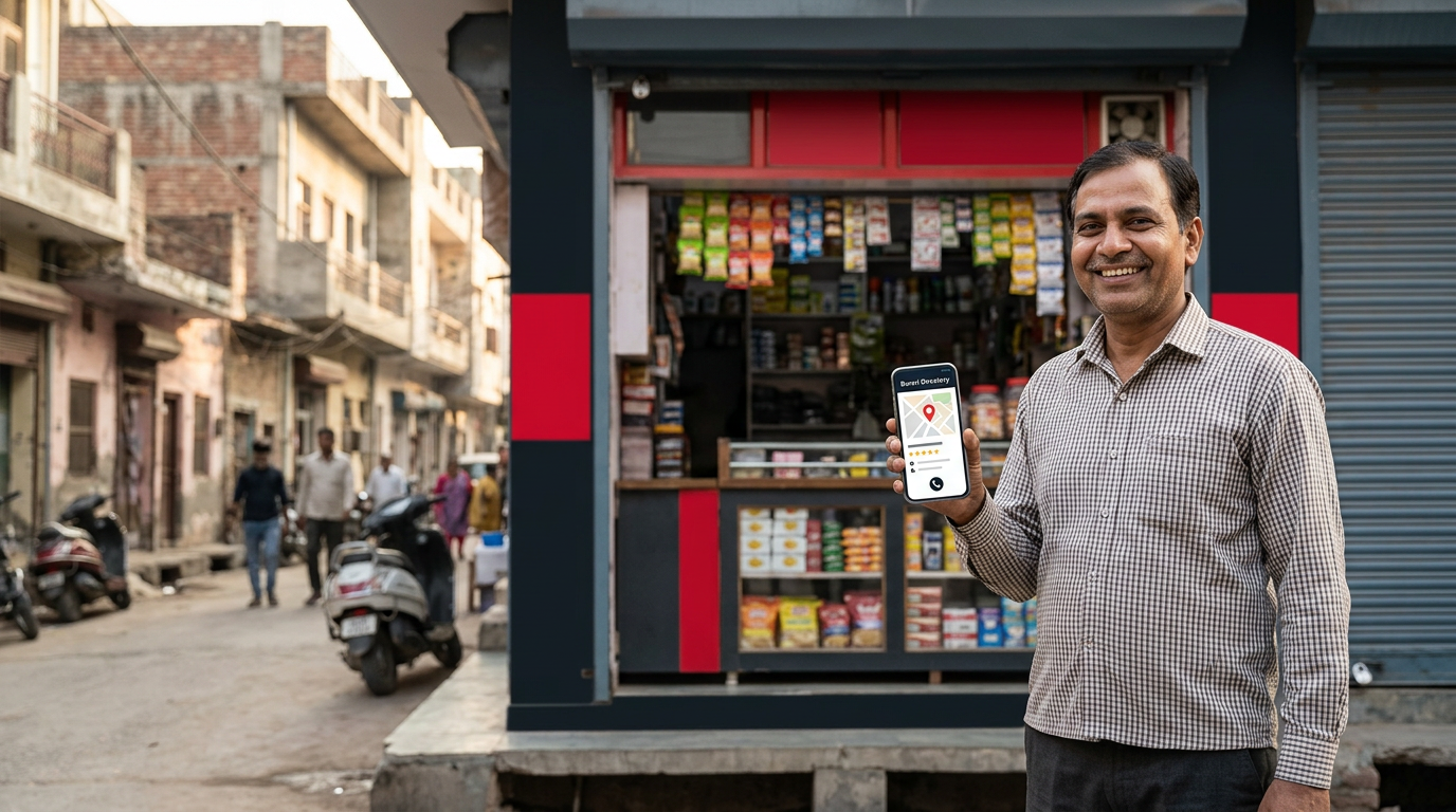 A smiling Delhi small business owner standing in front of their local shop, holding a smartphone showing a Burari Directory listing.