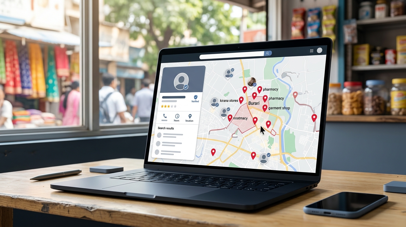 A close-up of a laptop screen displaying a well-optimized Google Business Profile map view centered on the Burari neighborhood in Delhi.