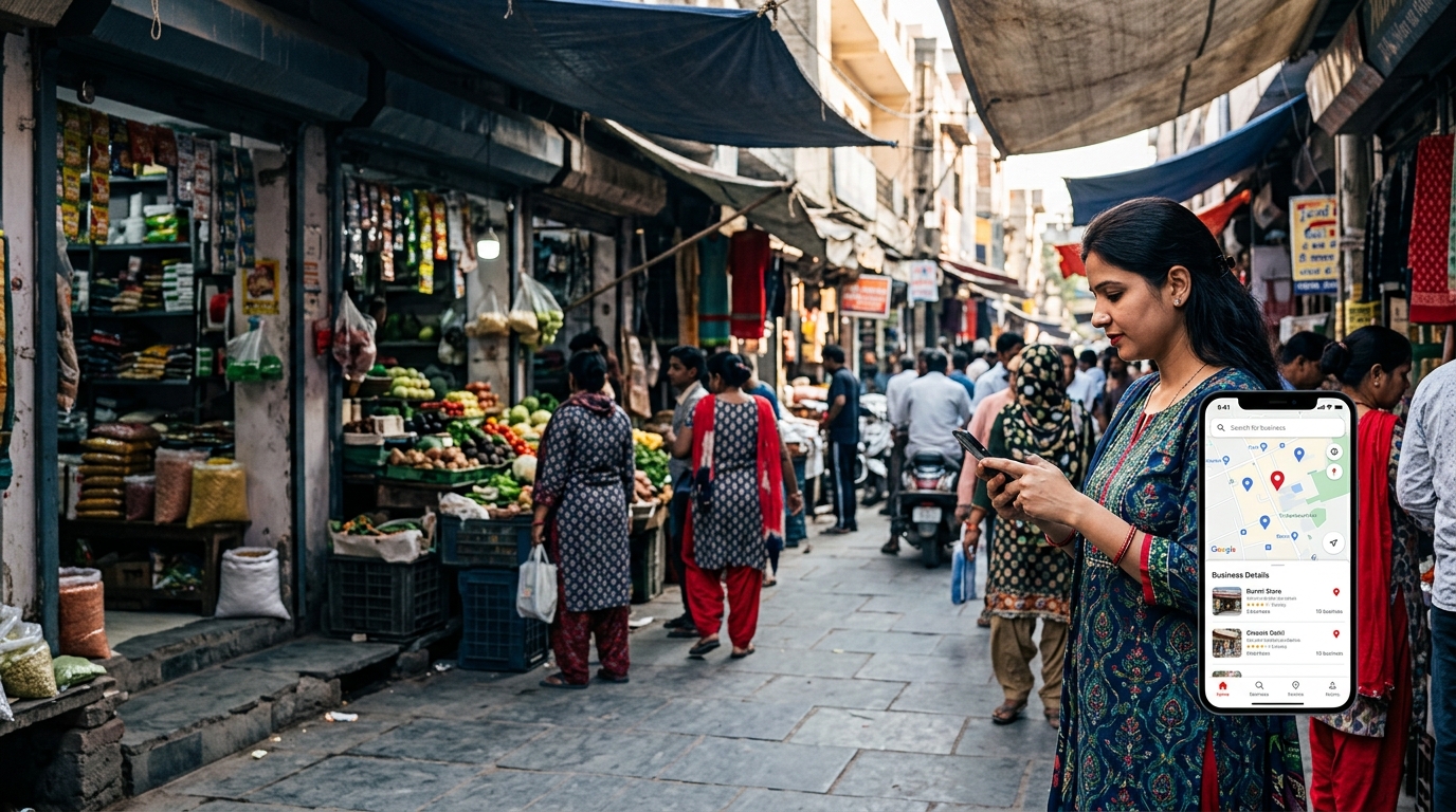 A vibrant street market scene in Delhi with shoppers actively using their mobile phones to search for nearby stores.