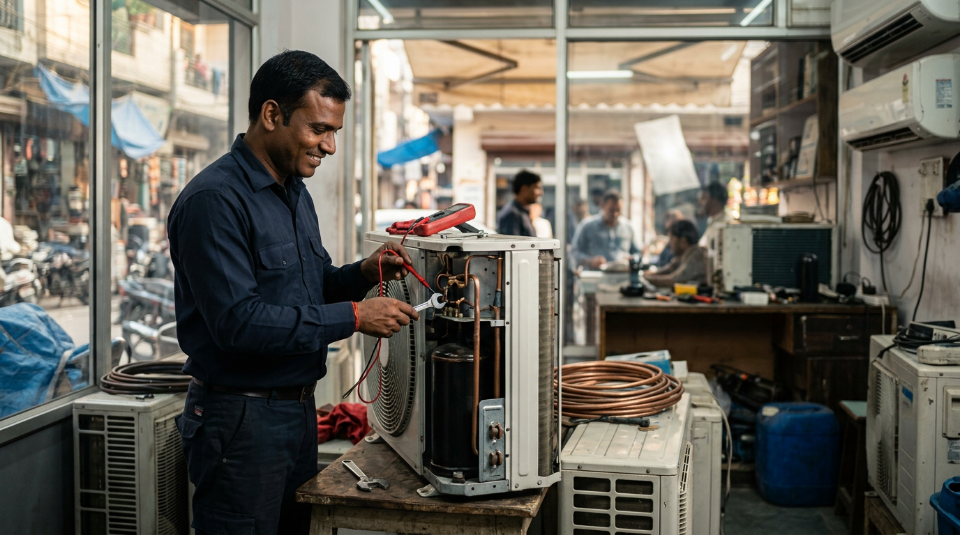 A local technician inspecting the compressor of a gently used air conditioning unit in a well-lit Burari shop.